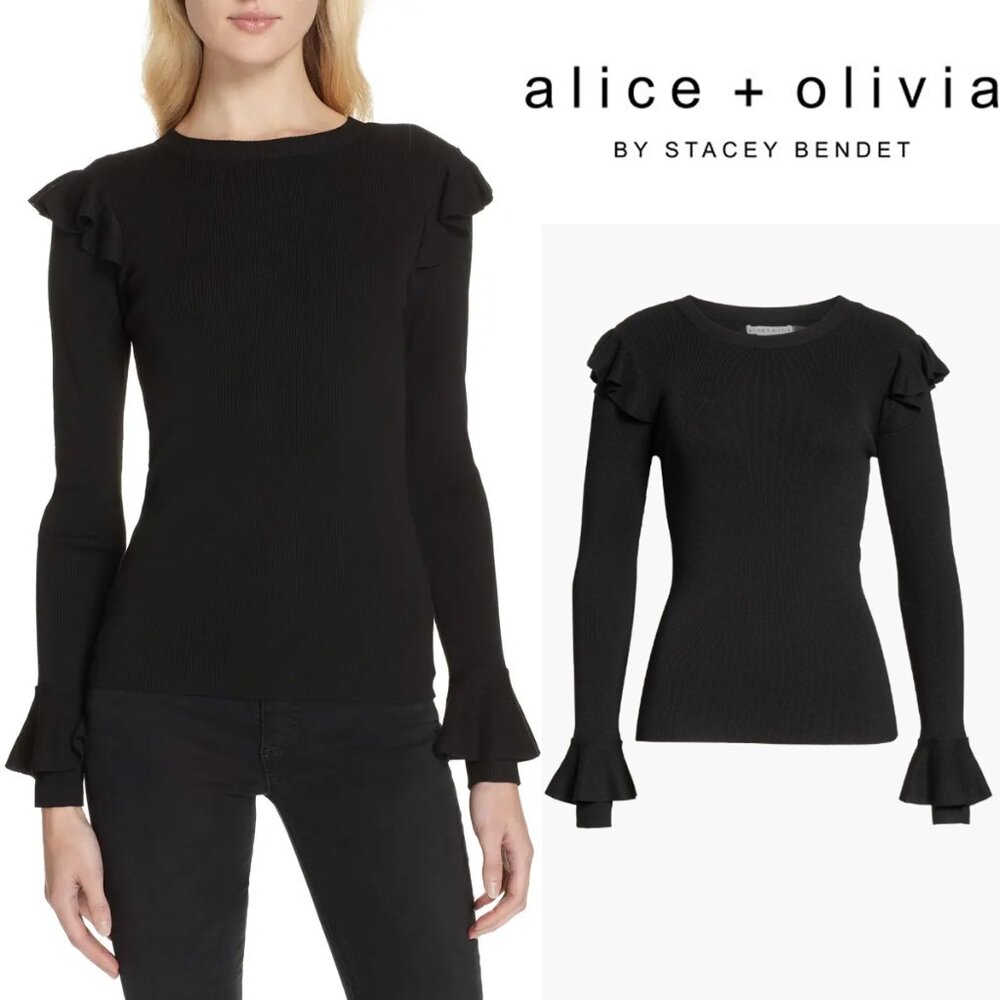 Alice + Olivia Mittie Ruffled Pullover Knit Sweater XS Black $295 Romantic
